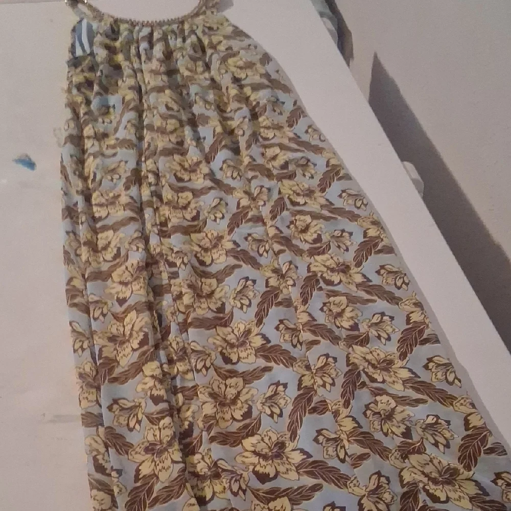 Light Blue Floral Maxi Skirt with Yellow and Brown Print